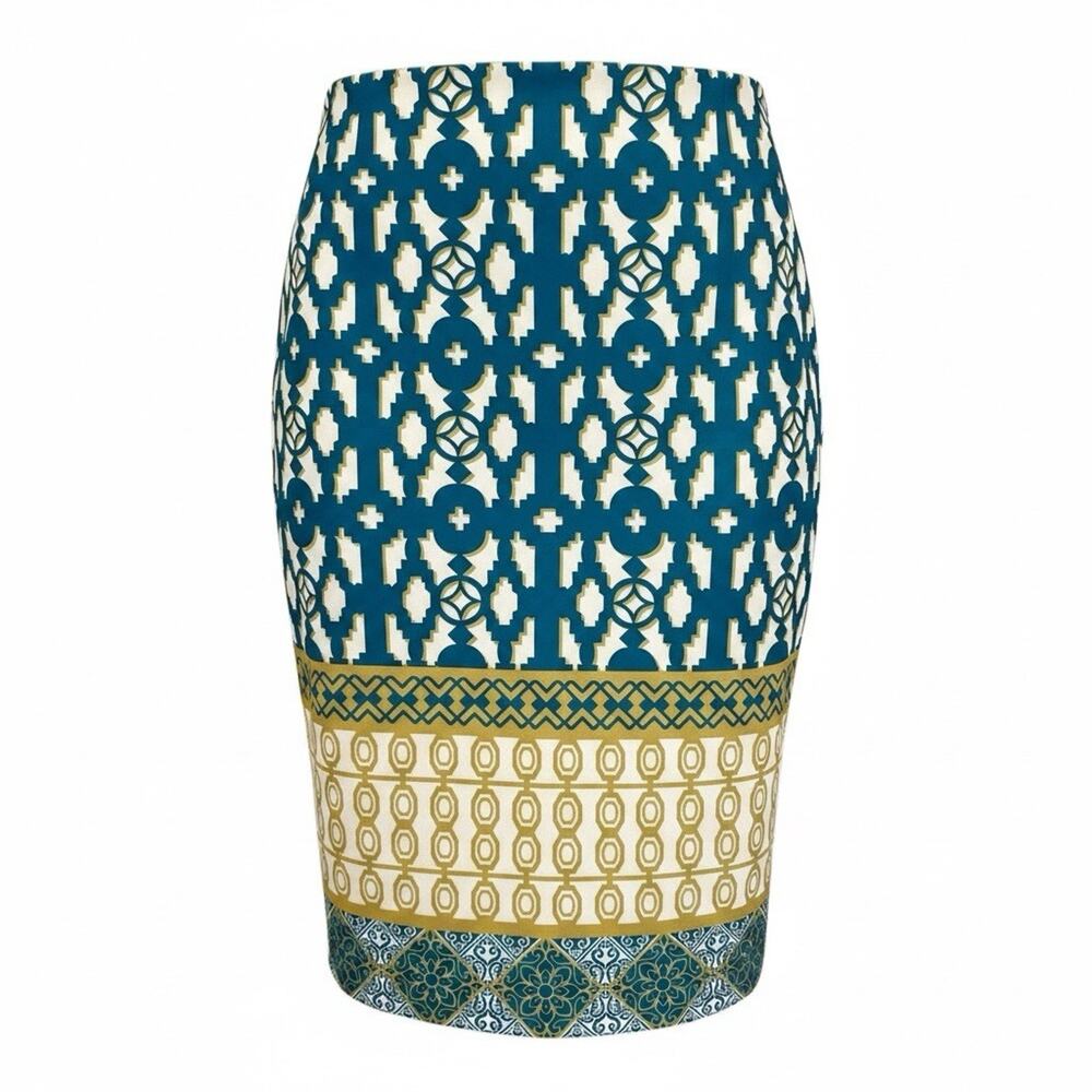 Anthropologie Champagne & Strawberry geometric print pencil skirt Size M